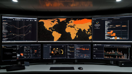 A modern control room featuring multiple large screens showcasing intricate data visualizations and a world map, emphasizing technology and analytics.の素材