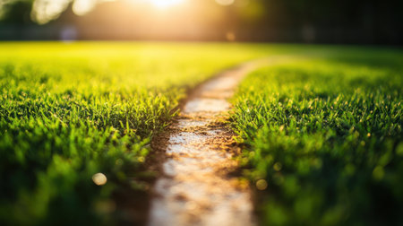 A serene image showcasing a soft, blurred pathway running through a lush green field, illuminated by warm sunlight at dusk, creating a tranquil atmosphere.の素材