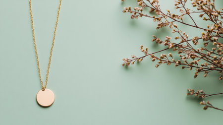 This image showcases an elegant gold necklace featuring a round pendant against a soft green background, complemented by delicate flower branches.の素材
