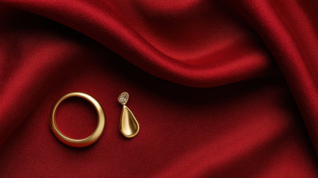 This image showcases stunning gold jewelry pieces resting on rich red fabric, highlighting luxury and elegance for fashion enthusiasts and accessory lovers.の素材