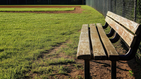 This image captures a wooden bench placed beside a baseball field, surrounded by beautiful green grass and a chain link fence under bright sunlight.の素材