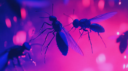 A mesmerizing close-up image highlighting insects captured in vivid colors with droplets of water, showcasing natureの素材