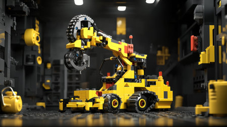 This image showcases a vibrant robotic arm model made from building blocks, set in a detailed workshop environment, highlighting creativity and design.の素材