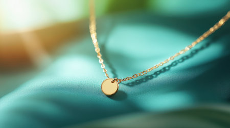 This stunning close-up image captures an elegant gold necklace with a delicate disc pendant resting on soft turquoise fabric, illuminated by gentle sunlight.の素材