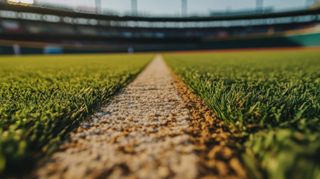 A detailed close-up view of a baseball field highlighting the vibrant green grass and crisp chalk line creating a picturesque pathway to the outfield.の素材