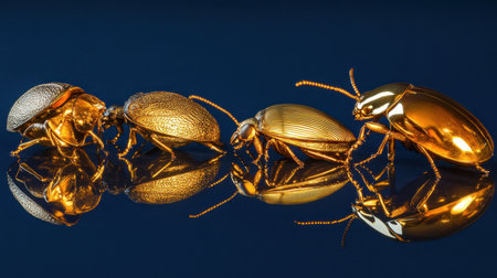 This captivating image showcases a group of beautifully detailed golden beetles, reflecting light on a dark surface, emphasizing their exquisite textures.の素材