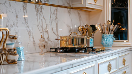 A beautifully designed kitchen featuring a marble countertop and luxurious gold cookware. This upscale space evokes a sense of elegance and culinary artistry.の素材