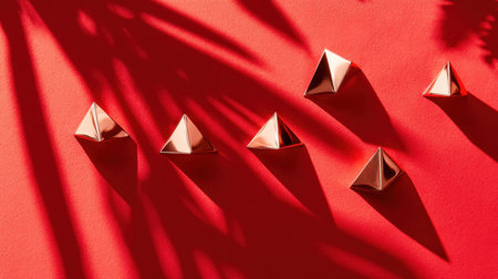 This striking image features modern geometric shapes in rose gold resting on a vibrant red background. The interplay of light and shadows creates a visually appealing composition.の素材