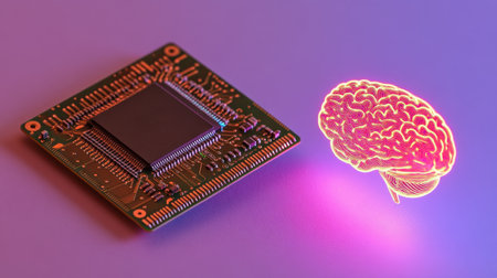This striking image depicts a circuit board next to a vibrant neon brain, symbolizing the fusion of technology and artificial intelligence in a modern and creative context.の素材