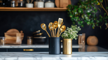 This beautifully arranged kitchen scene features elegant gold utensils in chic black and gold containers, complemented by fresh flowers, set against a modern backdrop.の素材