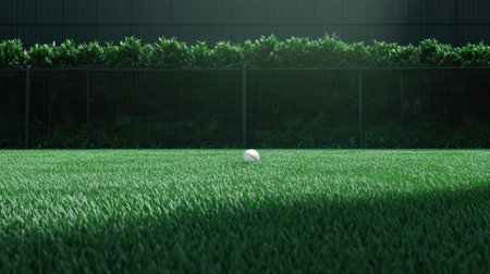 A stunning view of a bright green grass field with a single baseball sitting in the middle, illuminated by soft sunlight and shadow, evoking a serene sports atmosphere.の素材