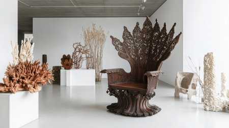This image showcases an artistic wooden chair in a bright modern exhibition space, surrounded by a variety of unique sculptures and natural elements.の素材