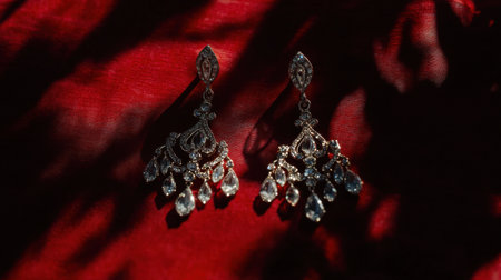 Exquisite dangling earrings featuring shimmering gems, beautifully displayed against a rich red background, capturing elegance and artistry. Perfect for fashion settings.の素材