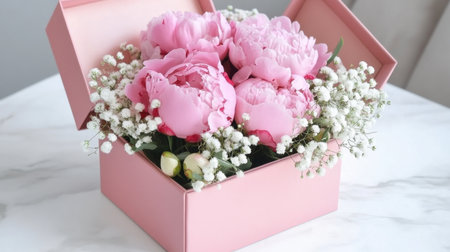 A stunning arrangement of pink peonies enveloped in delicate baby's breath, presented in a chic pink box, perfect for celebrations and special moments.の素材