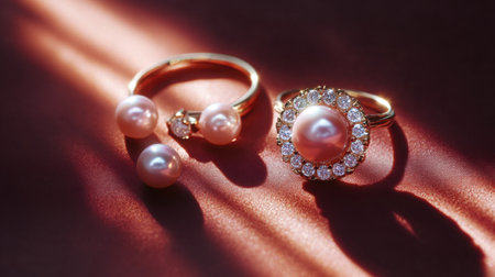 This stunning image features elegant gold rings adorned with pearls and diamonds, capturing the essence of luxury and beauty in a softly lit environment.の素材