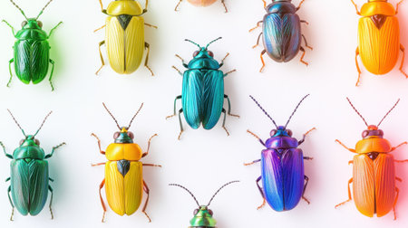 A stunning collection of colorful beetles displayed on a white background. Each insect showcases vivid patterns and intricate textures, perfect for nature lovers.の素材