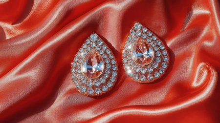 Capture the essence of elegance with this stunning pair of teardrop earrings featuring sparkling crystals against a rich silk fabric. Perfect for any occasion.の素材