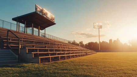 A serene view of an empty stadium under a warm sunset, with bright floodlights illuminating the seating area and green grass field, perfect for sports photography.の素材