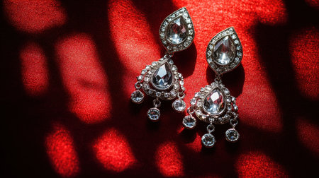 Beautifully designed silver earrings featuring large crystals, set against a rich red fabric. The intricate details contrast with soft shadows in a stunning display.の素材