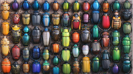 This captivating image showcases a vibrant array of colorful beetles arranged in a stunning grid, emphasizing the beauty of nature's diversity and insect life.の素材