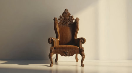 This stunning brown wooden chair showcases exquisite carvings and detailed design, casting elegant shadows in a warm and minimalist setting.の素材