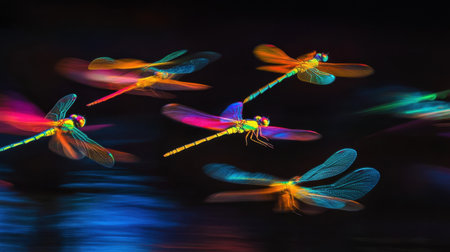 A captivating image of colorful dragonflies in motion, showcasing vibrant hues against a dark backdrop. This long exposure technique creates a sense of dynamic beauty.の素材