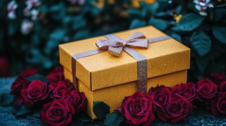 This image features a beautifully wrapped golden gift box adorned with a sparkling ribbon, nestled among vibrant red roses on a stone surface. Perfect for celebrating love.の素材