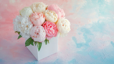 A stunning arrangement of pink and white peonies in a chic white box, set against a soft pastel background, perfect for springtime celebrations and decor.の素材