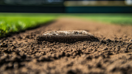 This close-up image captures a baseball base situated on a dirt infield, surrounded by lush green grass, evoking the excitement of outdoor sports and summer activities.の素材