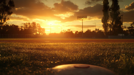 A stunning sunset casts golden light over a baseball field, illuminating the grass and base. The dramatic clouds enhance the serene evening atmosphere, ideal for sports activities.の素材