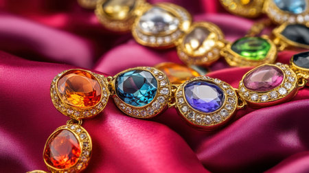 An exquisite necklace featuring vibrant gemstones shines against luxurious satin fabric, showcasing the elegance and artistry in jewelry design. Perfect for fashion-themed projects.の素材