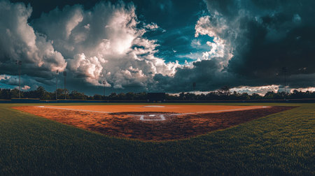 A captivating view of a baseball field under a dramatic sky filled with clouds. The lush green grass contrasts with the dusty infield, creating a serene atmosphere perfect for sports.の素材