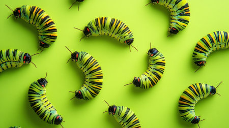 A vibrant display of colorful caterpillars resting on a bright green background, showcasing their unique patterns and textures found in nature.の素材