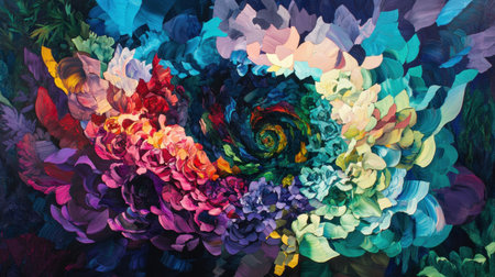 This vibrant abstract artwork showcases a captivating swirl of colors and floral shapes, embodying the beauty and creativity found in nature.の素材