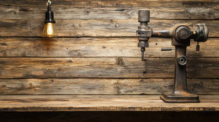 A vintage woodworking drill press stands out on a rustic wooden shelf, complemented by an Edison bulb. Ideal for cozy workshop decor or craftsmanship-themed settings.の素材