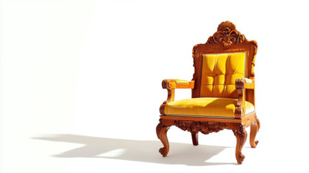 A striking ornate vintage chair features bright yellow upholstery and rich wooden carvings. Perfect for adding elegance and charm to any interior space.の素材