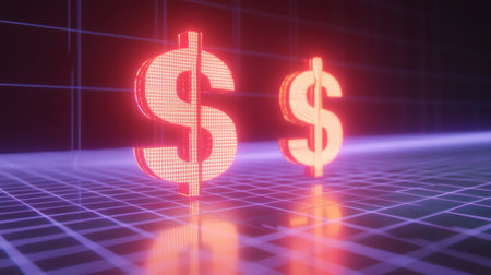 This image features vibrant neon dollar symbols set against a futuristic grid background, symbolizing wealth and opportunities in the digital economy.の素材