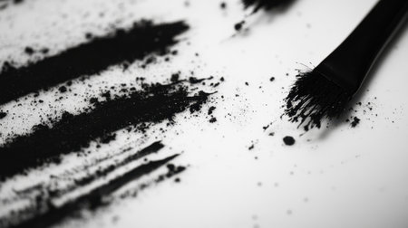 A striking artistic composition featuring scattered charcoal powder and a brush on a clean white surface. Perfect for creative projects, this image illustrates artistry and minimalism in visual expression.の素材