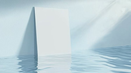 A serene blank canvas stands in tranquil water, blended seamlessly with a soft blue background, offering a perfect backdrop for creative and artistic projects.の素材