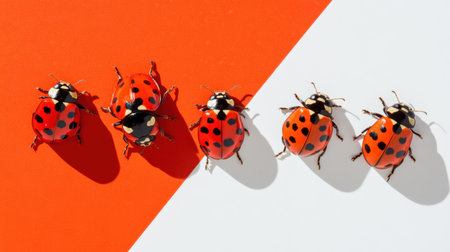 A vibrant arrangement of ladybugs on a contrasting orange and white surface, highlighting intricate patterns and captivating colors, ideal for nature projects.の素材