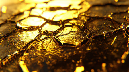 This macro image showcases a golden textured surface, highlighting shimmering patterns and rich reflections, perfect for artistic backgrounds and designs.の素材