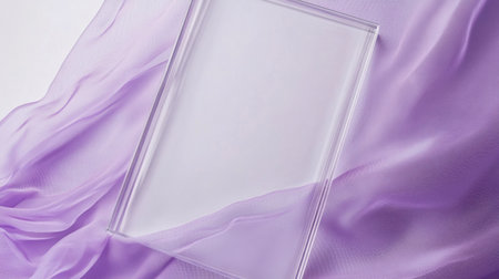 A beautiful transparent frame rests on delicate lavender fabric, offering an elegant backdrop for showcasing artwork or photographs in a stylish way.の素材