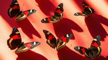A striking arrangement of colorful butterflies in flight, casting shadows against a vibrant backdrop. This captivating image showcases the beauty and delicacy of nature, perfect for artistic or educational projects.の素材