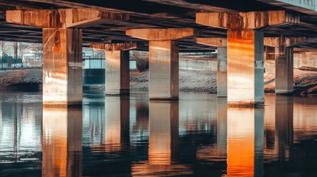 This image captures the serene beauty of an urban landscape with concrete pillars supporting a bridge, reflected in calm water. The play of light and shadow enhances the abstract quality, making it a perfect choice for anyone seeking a unique perspective on modern infrastructure and nature.の素材