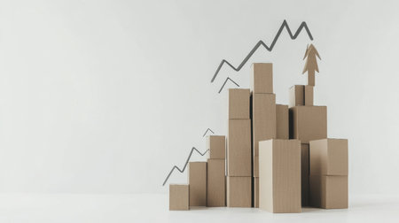 A creative representation of business growth using cardboard boxes arranged in a rising trend. This minimalistic image captures the essence of success and progress.の素材