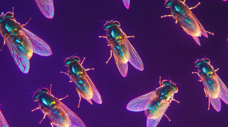 This stunning macro photograph captures flying insects with iridescent wings against a dark background, showcasing vibrant colors and intricate details, ideal for scientific and artistic projects.の素材