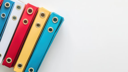 A vibrant arrangement of colorful office binders on a clean white background, perfect for conveying themes of organization, efficiency, and a professional workspace.の素材