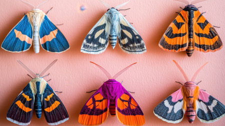 This stunning collection showcases a variety of colorful moths against a soft pink background. Each specimen reveals unique patterns and intricate details, highlighting the beauty of nature. Perfect for educational or decorative use.の素材