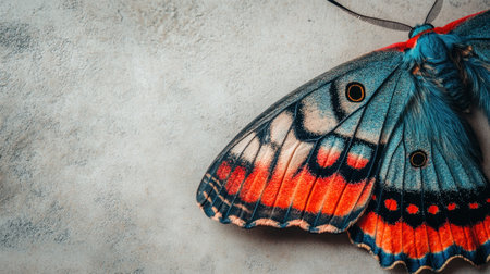 This stunning macro photograph captures the vibrant and intricate patterns of a butterfly wing. The vivid colors contrast beautifully against a textured background, showcasing nature's artistry. Ideal for nature enthusiasts and art lovers.の素材