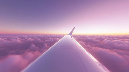 Awe-inspiring view from an airplane wing highlights a stunning sunrise casting soft pink and purple hues over cotton candy clouds.の素材